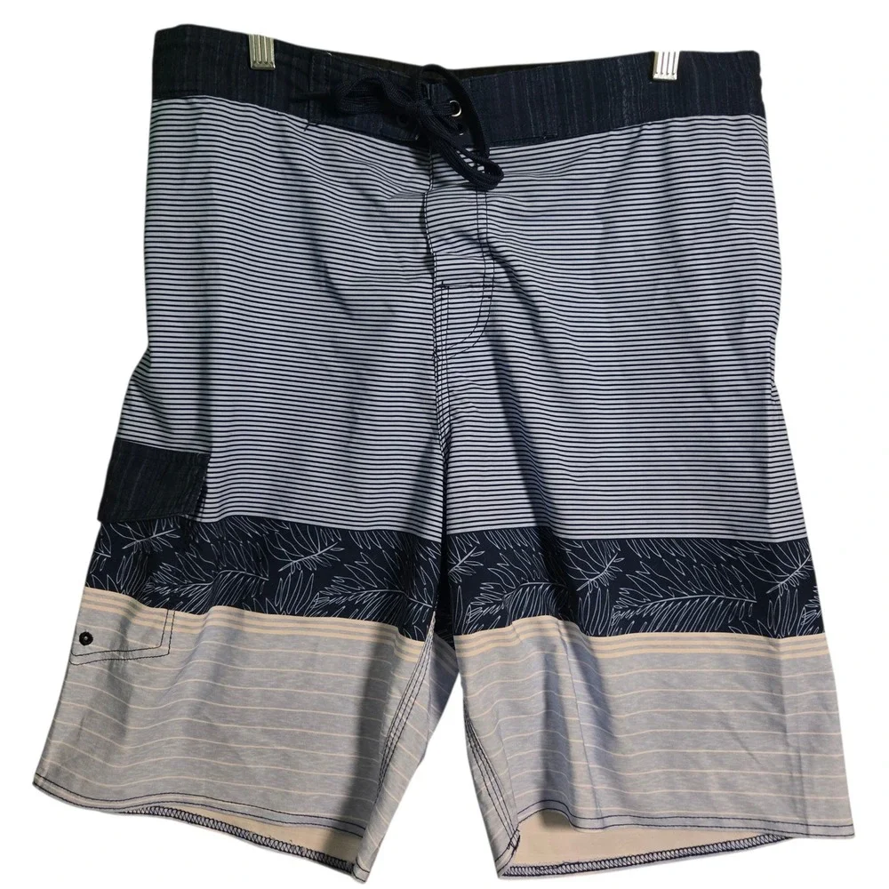 Stillwater Supply Co Mens Size 36 Blue Striped Tropical Leaf‎ Board Shorts Swim
